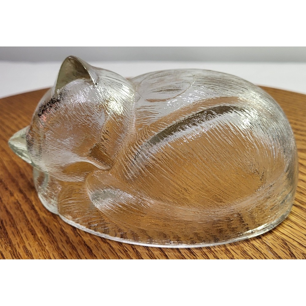 Vintage Indiana Clear Glass Sleeping Cat Figurine Covered Candy Dish Lid